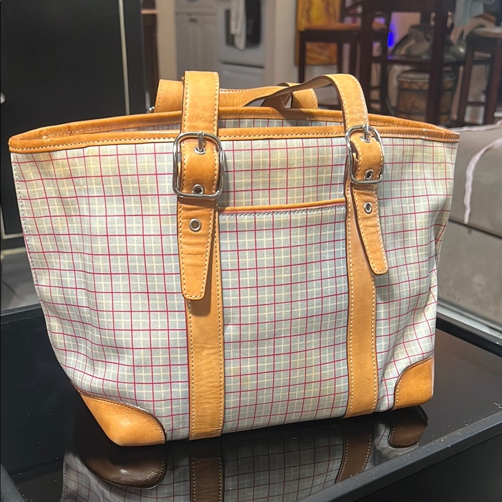 Coach Plaid Tote with tan leather and silver hardware